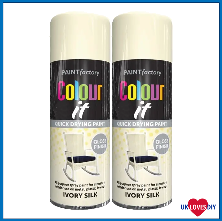 2 X PAINT FACTORY COLOUR IT- IVORY SILK GLOSS SPRAY PAINT 400ML