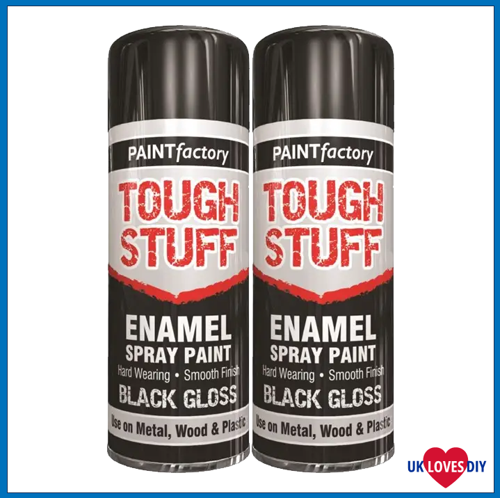 2 X PAINT FACTORY TOUGH STUFF ENAMEL BLACK GLOSS SPRAY PAINT 400ML 2 X PAINT FACTORY TOUGH STUFF ENAMEL BLACK GLOSS SPRAY PAINT 400ML