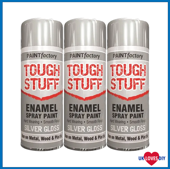 3 X PAINT FACTORY TOUGH STUFF ENAMEL SILVER GLOSS SPRAY PAINT 400ML
