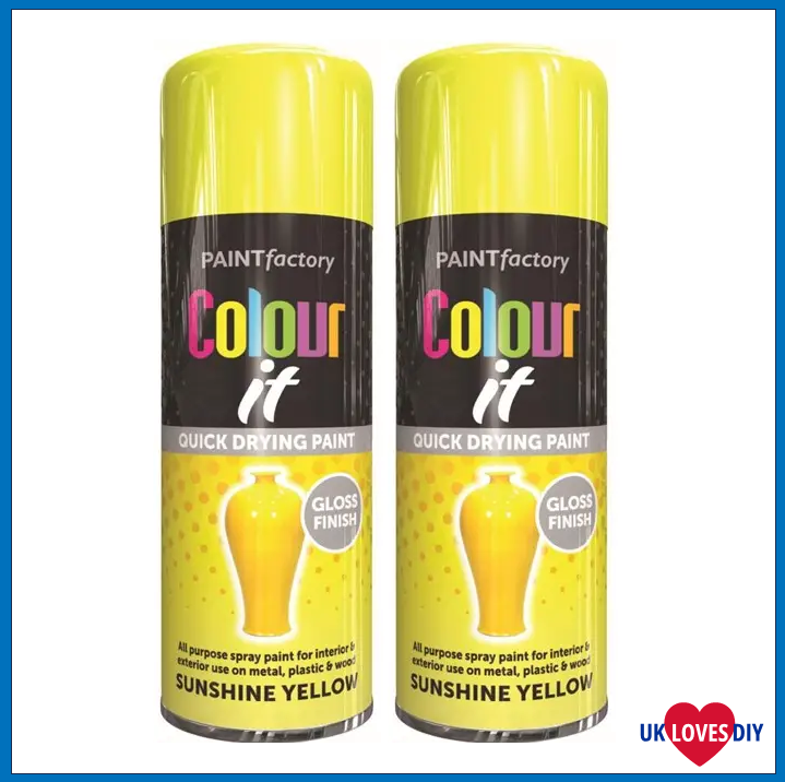 2 X PAINT FACTORY COLOUR IT-SUNSHINE YELLOW GLOSS SPRAY PAINT 400ML