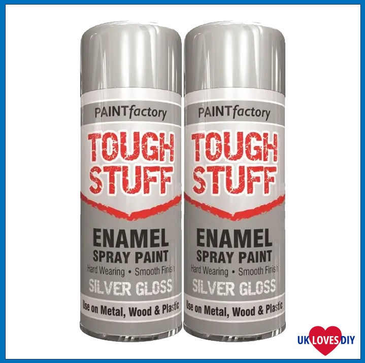 2 X PAINT FACTORY TOUGH STUFF ENAMEL SILVER GLOSS SPRAY PAINT 400ML