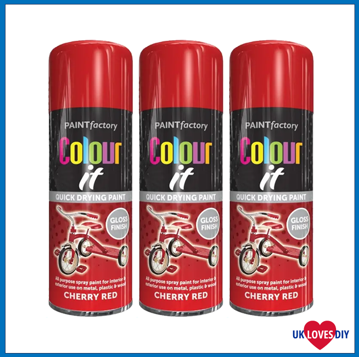 3 X PAINT FACTORY COLOUR IT- CHERRY RED GLOSS SPRAY PAINT 400ML