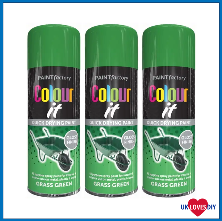3 X PAINT FACTORY COLOUR IT- GRASS GREEN GLOSS SPRAY PAINT 400ML