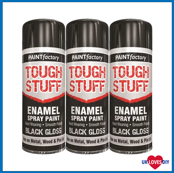 3 X PAINT FACTORY TOUGH STUFF ENAMEL BLACK GLOSS SPRAY PAINT 400ML